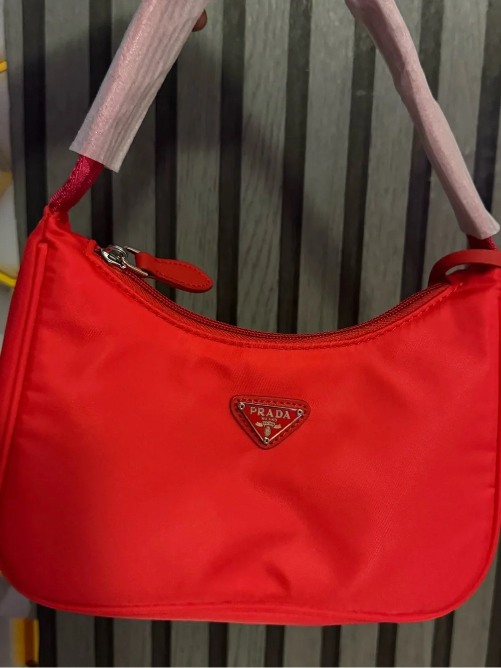Prada Red Nylon Shoulder Bag with Logo Triangle
